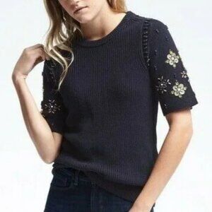 Banana Republic Navy Ribbed Knit Short Sleeve Beaded Sequin Sweater Top Small